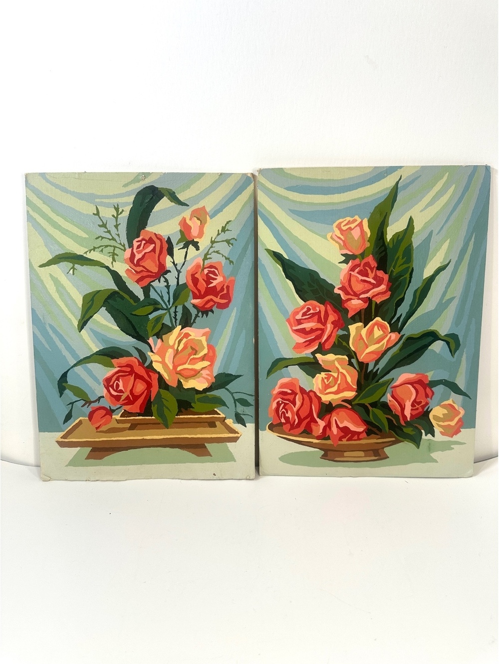 1950s Palmer Paint By Number Pair Roses Flowers Unframed Mid Century Wall Decor